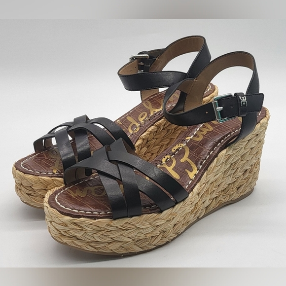 2472- Sam Edelman Darline Wedge Sandals Black Leather Size 9.5 M NWT - Picture 3 of 12